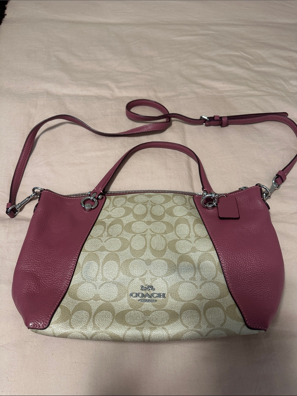 Coach Beige Signature Canvas Crossbody with Pink Leather Trim